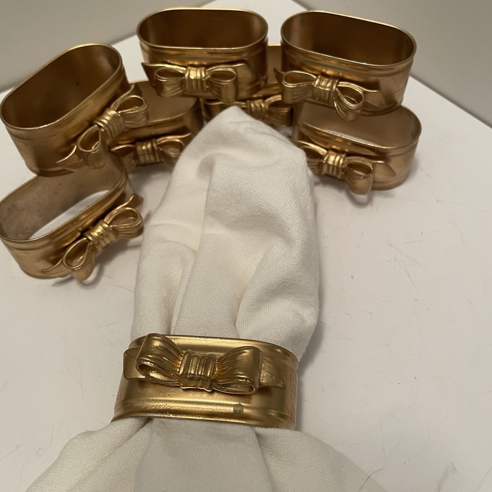 Vtg Brass/Gold Tone Bow Napkin Rings Set of 8 Mid Century Hollywood Regency